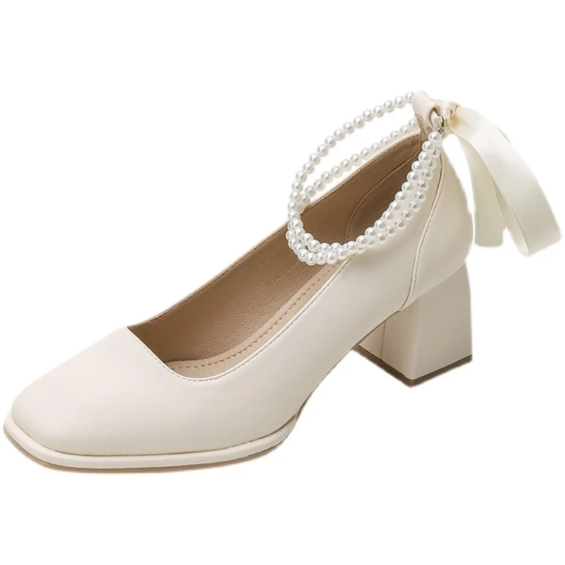

Square Toe Thick Heel Fashion Single Shoes Women's Spring New Shallow Mouth Pearl Lace Bow High Heel Mary Jane Women's Shoes