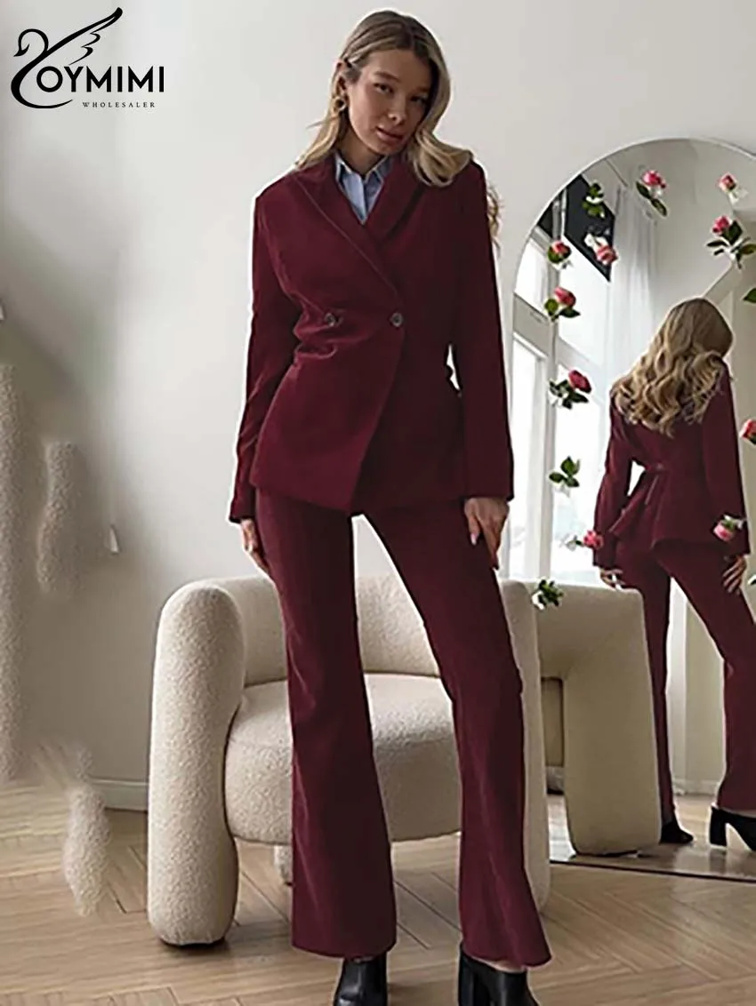 Oymimi Элегантный винно-красный женский комплект из 2 предметов модные двубортные