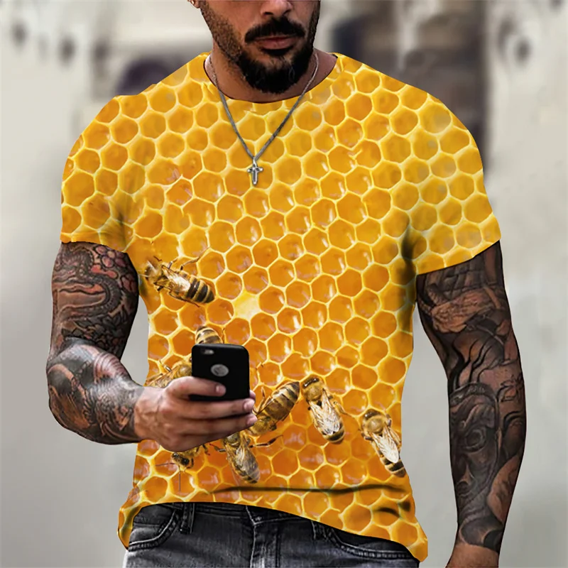 

Honeycomb printed men's round neck T-shirt New casual bee pattern T-shirt Fashion quick drying short sleeved T-shirts Men's tops