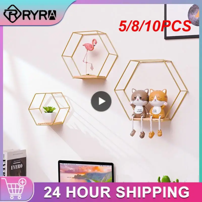 

5/8/10PCS Hexagonal Iron Stand Decorative Crystal Shelf Grid Decoration Wall House Decoration Storage Organizer Floating Shelf