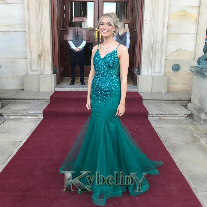 

Женское вечернее платье с юбкой годе Kybeliny, зеленое фатиновое Плиссированное Платье с V-образным вырезом для выпускного вечера