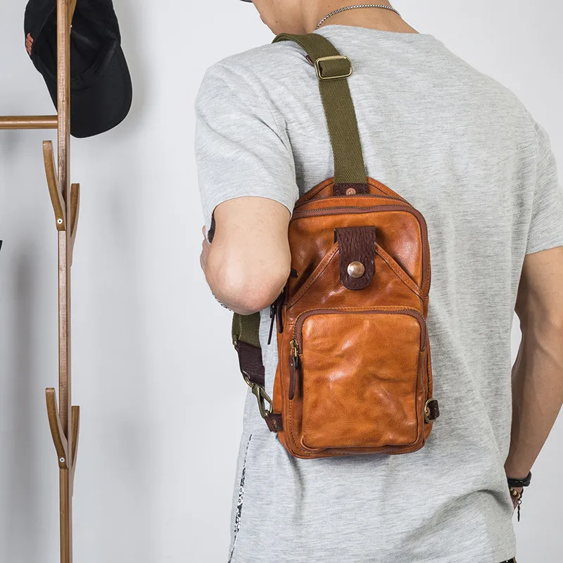 Fashion vintage organizer designer luxury genuine designer leather men's chest bag high quality real cowhide crossbody bags