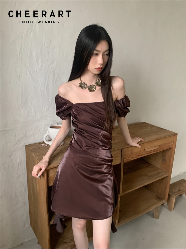 

CHEERART Brown Glitter Off The Shoulder Mini Dress For Women 2023 Summer Backless Vintage Bodycon Ladies Dress Summer Clothes