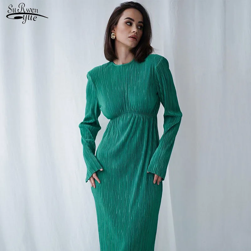 

Elegant Long Sleeve Green Long Dress Spring 2022 Round Neck Hollow Out Sexy Dress for Women Backless Slim Pleated Dresses 18691