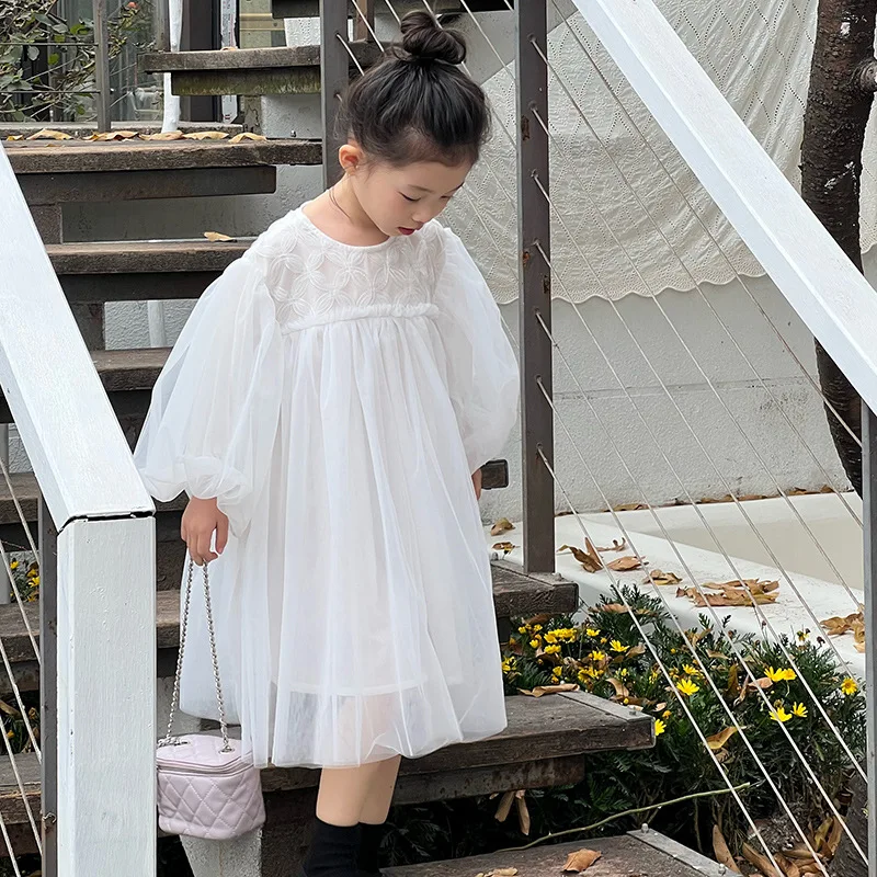 

Child Girl Tulle Dress 2023 New Baby Wedding Dresses Autumn Children Puffy Sleeve Princess Party Tutu Frock Kids White Clothing