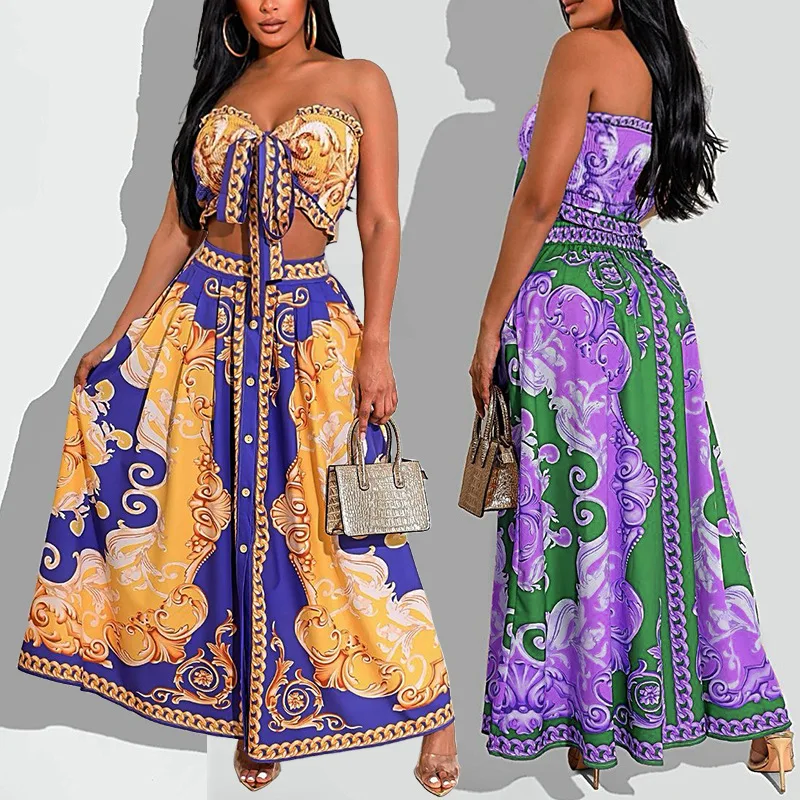

Women Floral Two Piece Sets Fashion Sleeveless Sexy Stretch Crop Tops and Floor-length Skirt Loose Design Long Skirt Set Wear