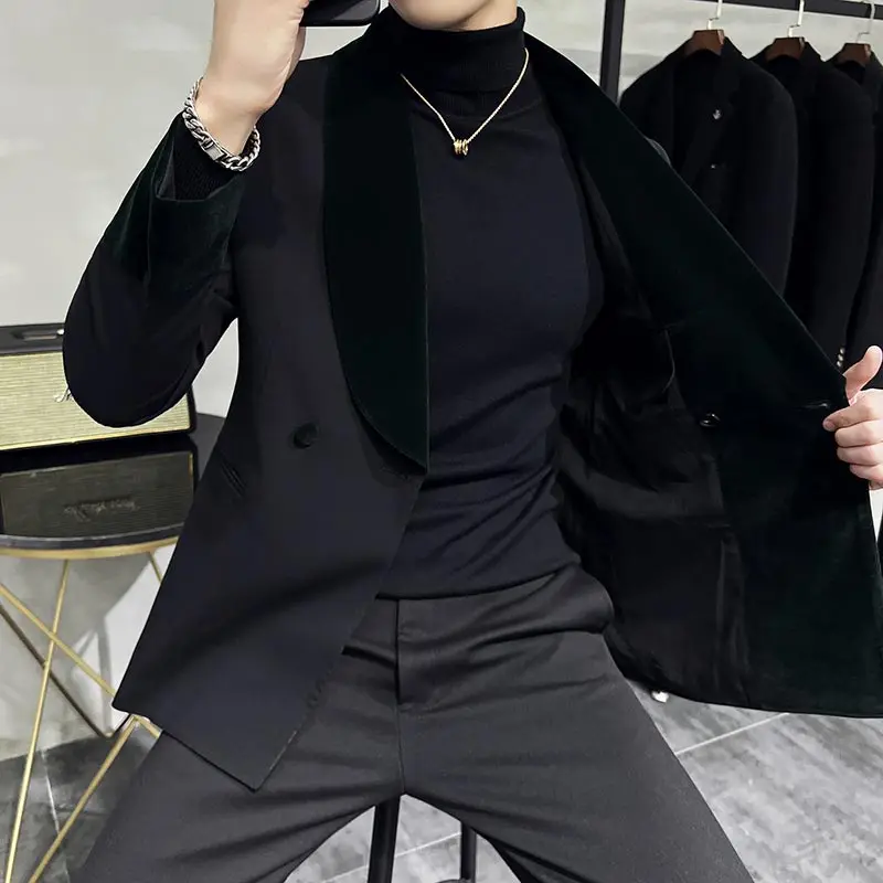 Velvet Stitching Men's Blazers Winter Double Breasted Casual Slim Suit Jackets Wedding Business Social Coats Costume Homme 2022
