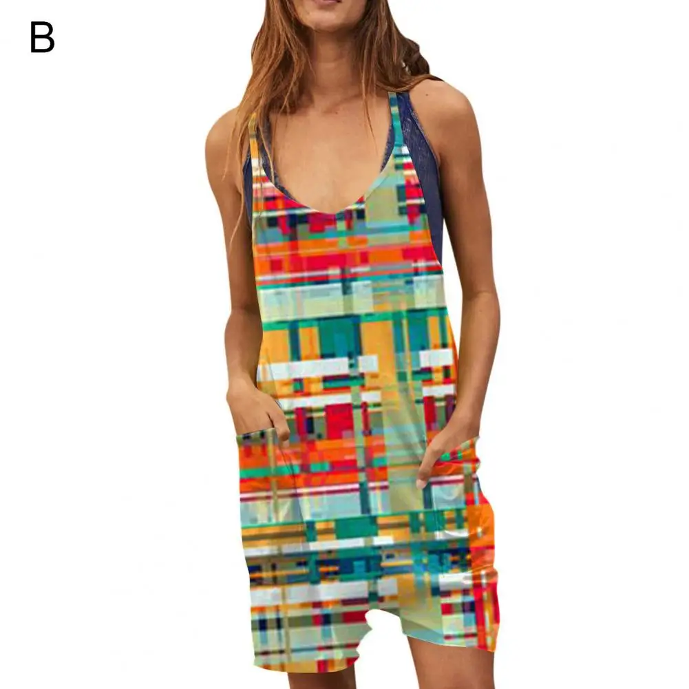 

Printing Short Rompers Stylish Women's Sleeveless Jumpsuit Wide Leg Pockets Streetwear-inspired Design for A Loose Fit Trendy