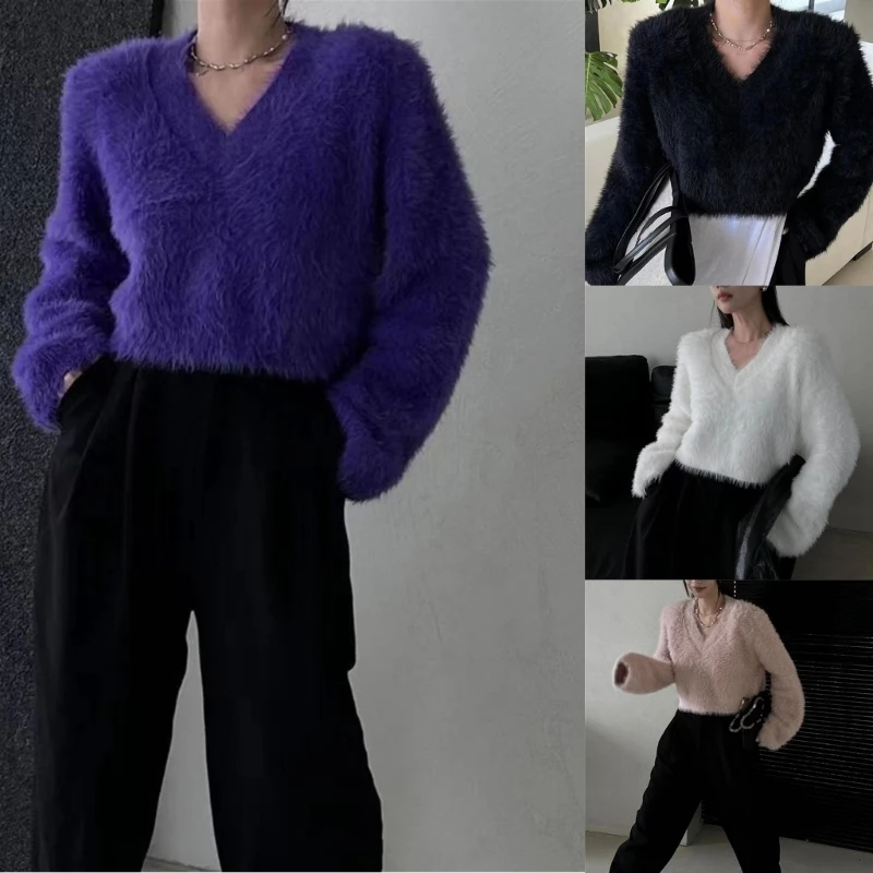 

Women Punk Solid Color V-Neck Long Sleeve Fuzzy Fluffy Pullover Sweater Crop Top