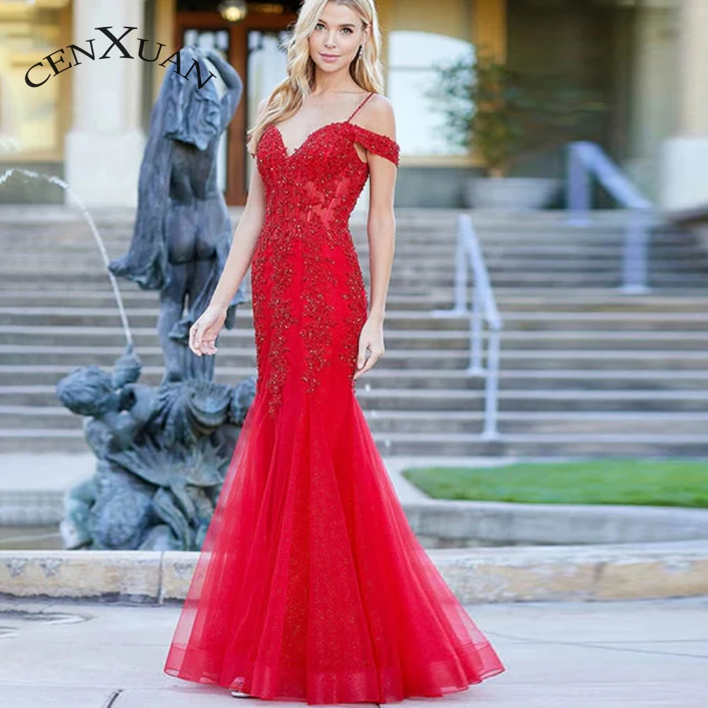 

CENXUAN Honrable Formal Evening Gowns Sequins Appliques V-neck Backless Off The Shoulder Mermaid 2023 Robe De Bal Custome Made