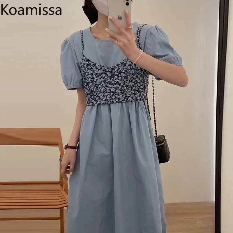 

Koamissa Fashion Women's Summer Two Piece Set Solid Puff Sleeve Belt Long Dress Sweet Camisole Lady Suits Loose Korean Outfits