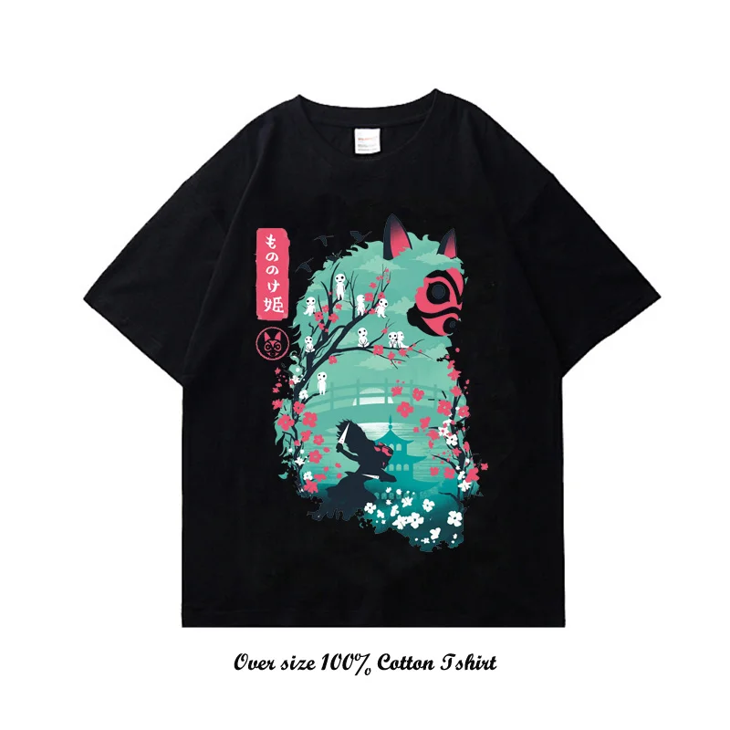 T-shirt manches courtes pour homme, estival et surdimensionné, avec dessin animé japonais princesse mononoké, 100% coton,