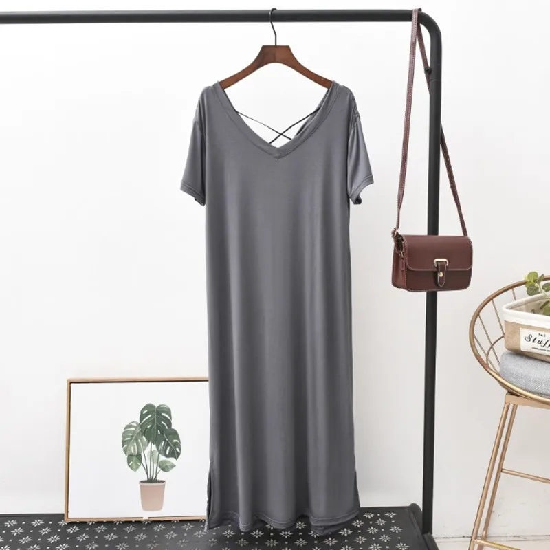 Backless Sexy Nightdress Short Sleeve Modal Homewear Women Round Collar Multicolor Sleepwear Big Size Fashion Casual Home Pjs