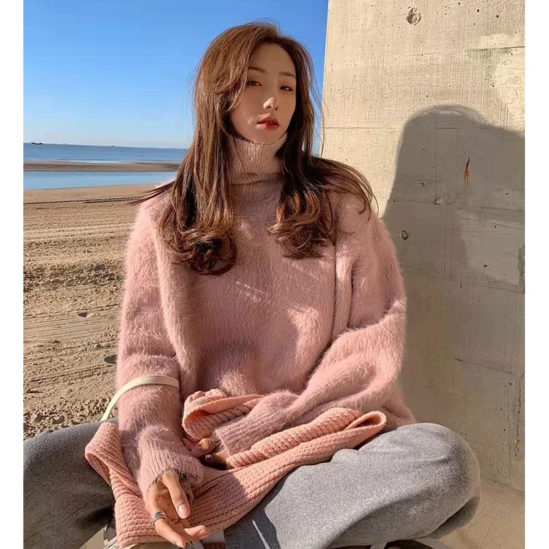 

Autumn and Winter New High-end Mink Velvet Sweater Women's Loose Outer Wear Thickened Turtleneck Knitted Top