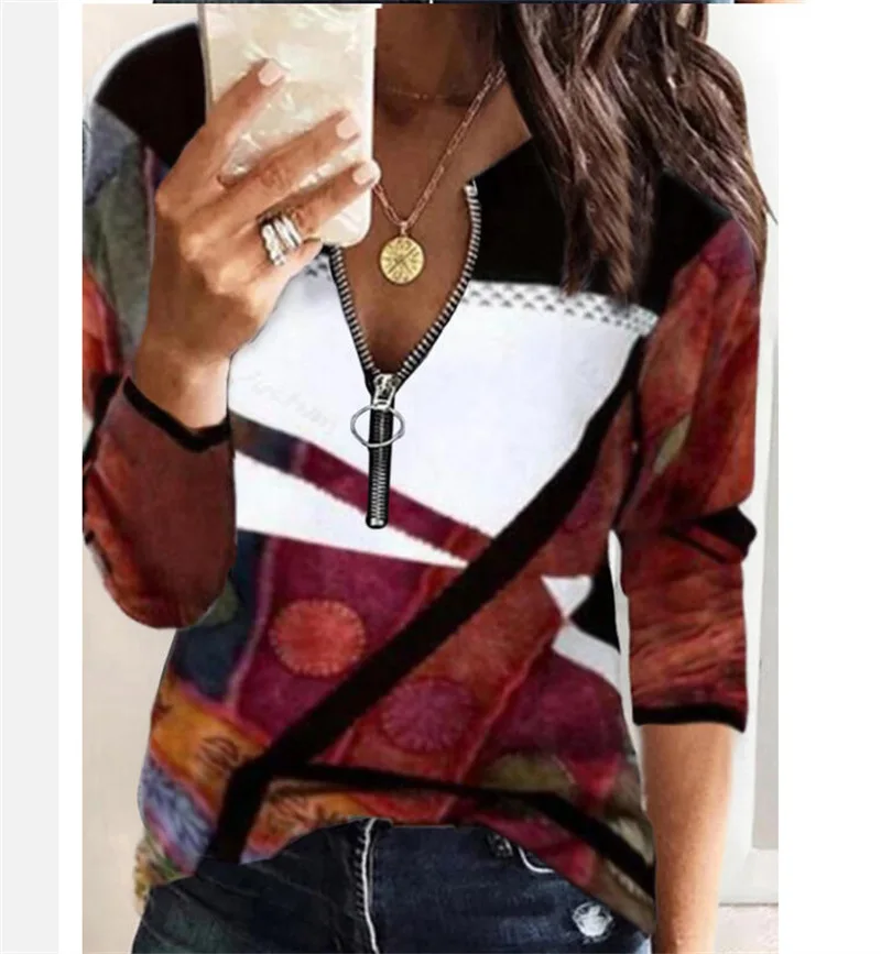 

Geometric Stitching Printed Women's Long Sleeve Zipper Sweater Spring And Autumn Fashion Loose Top Female & Lady Tops Shirts