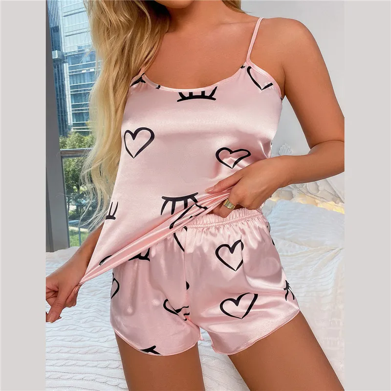 2023 New Fashion Sexy Floral Pajamas Set Women's 2-piece Pajamas Silk Satin Halter Top and Shorts Pajamas