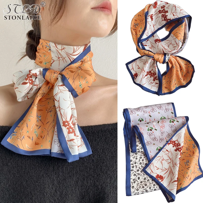 

Small Long Satin Silk Neck Tie Scarf For Women Fashion Luxury Brands Flowers Double-Prtint Summer Dress Belt Women Tie Scarves