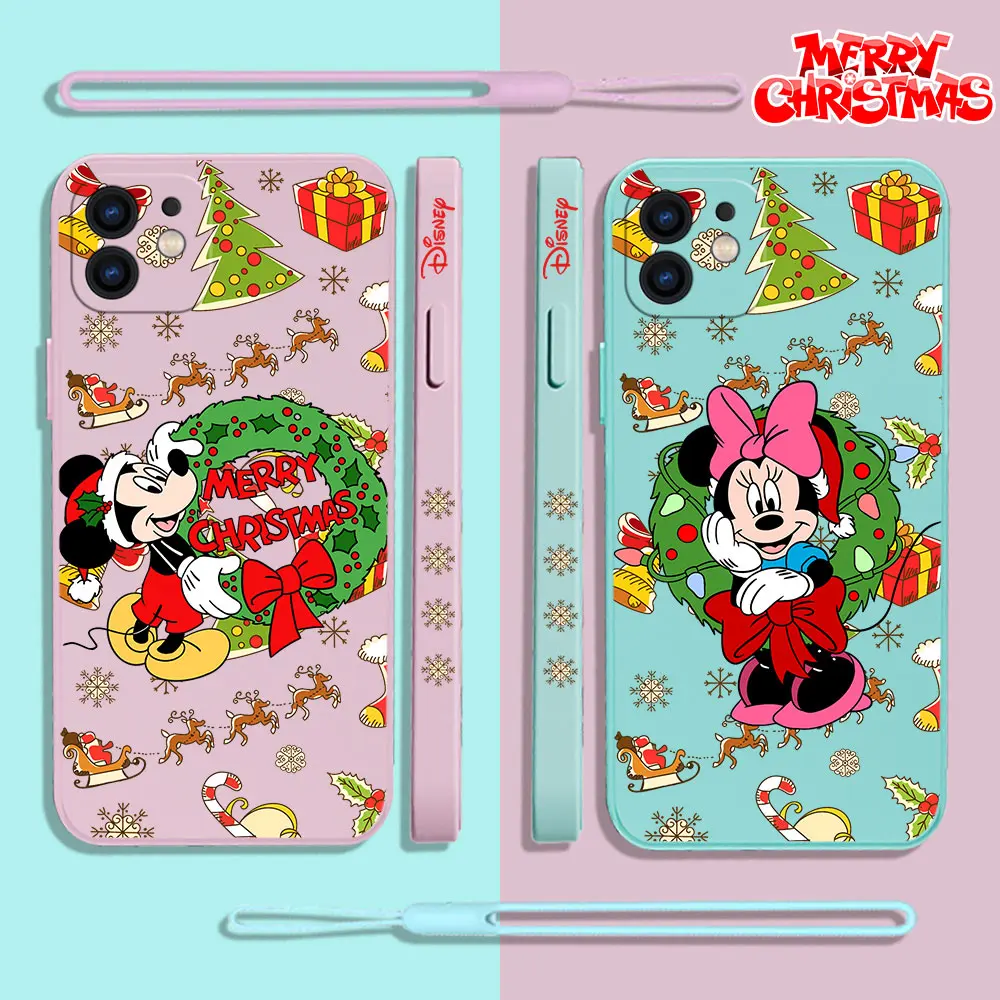 

Christmas Disney Mickey And Minnie Phone Case For iPhone 15 14 13 12 11 Pro Max Mini X XR XS MAX SE20 8 7 Plus with Hand Strap