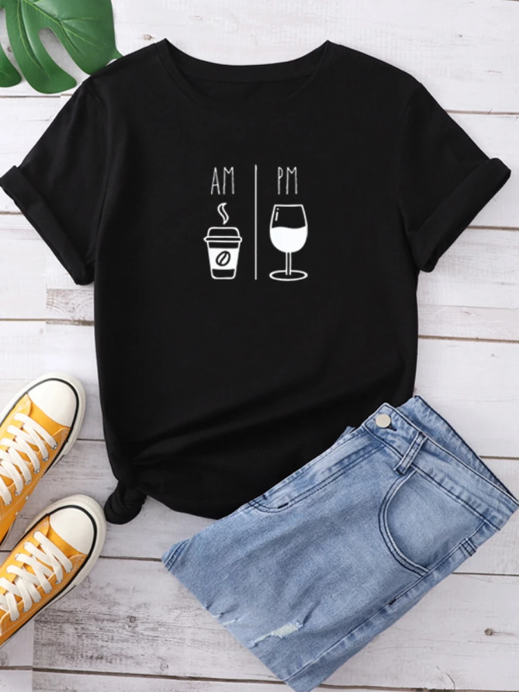 

AM Coffee PM Wine Print Women T Shirt Short Sleeve O Neck Loose Women Tshirt Ladies Tee Shirt Tops Clothes Camisetas Mujer