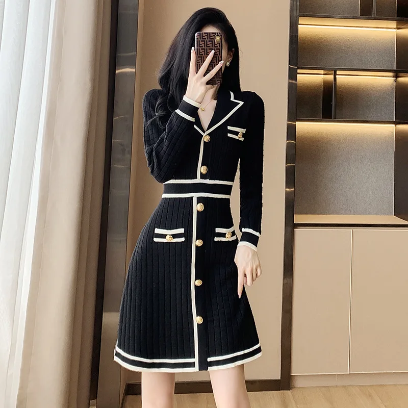 

High Quality 2023 Elegant Contrast Color Design Women Dress Female Evening Party Autumn Winter Crop Top Clothes Casual Y2k Robe