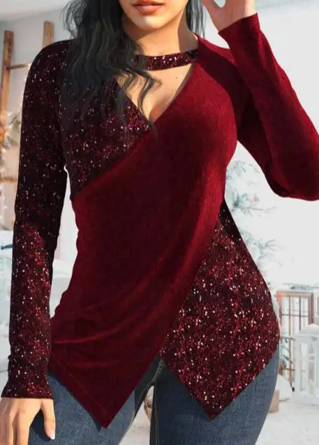 

Summer New Arrival Hot Sale Women's Top Sequin Patchwork V-Neck Hanging Neck Long Sleeved Irregular T-Shirt Shirt Sexy Style
