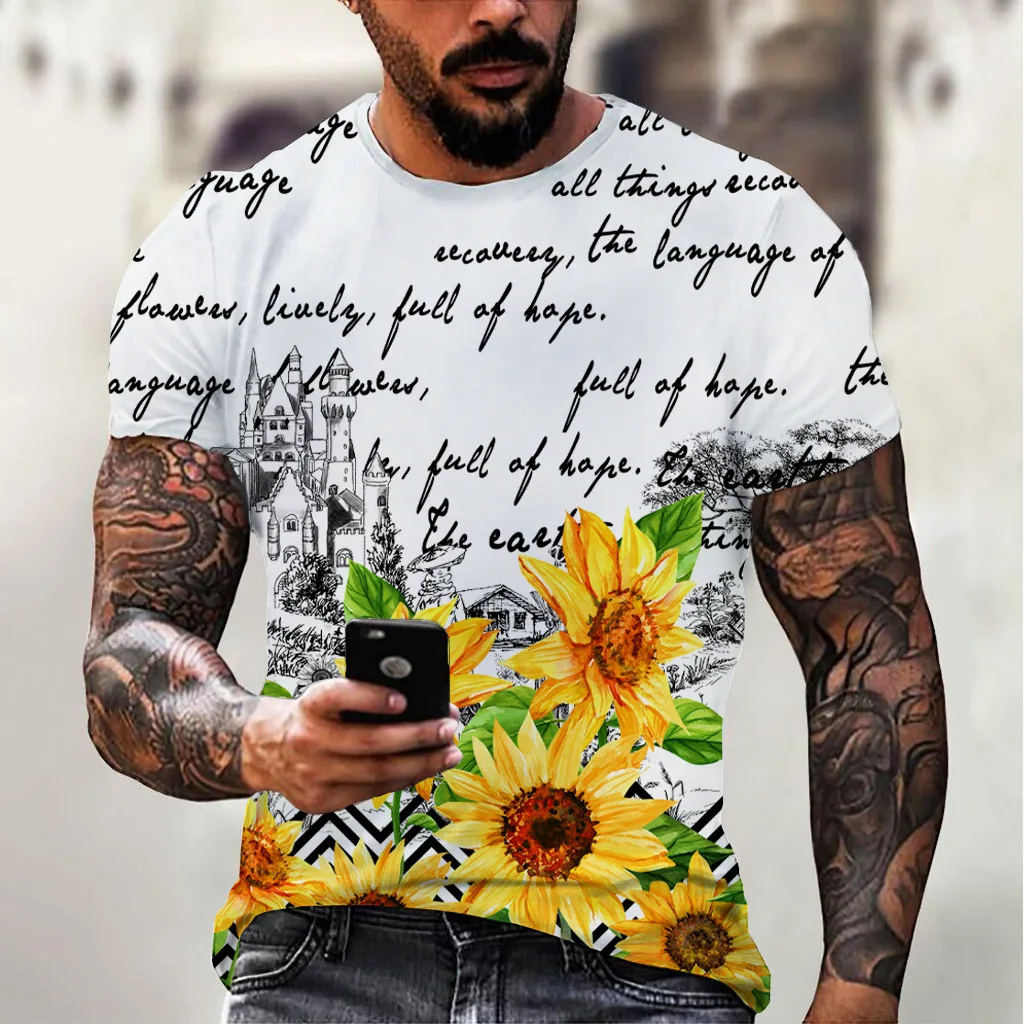 

Футболка мужская оверсайз с круглым вырезом, модная тенниска с короткими рукавами, Винтажная Майка с 3D-принтом подсолнуха, свободная одежда...