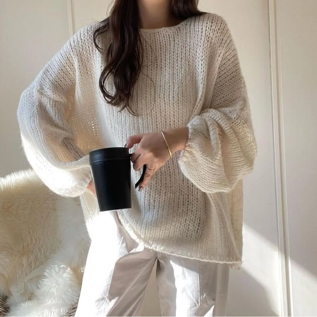 

Женский вязаный свитер в Корейском стиле, однотонный пуловер с длинным рукавом и круглым вырезом, свободный свитер в стиле пэчворк на весну ...