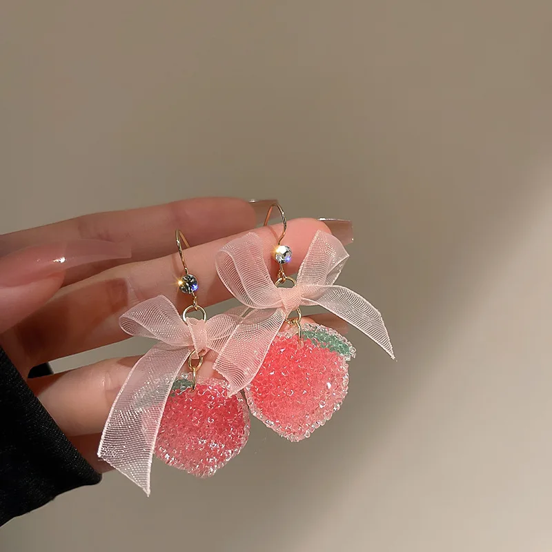 

KAITIN Sweet Diamond Bow Strawberry Fudge Earrings Korean Temperament Design Sense Earrings Girl Small Fresh Earrings Girl