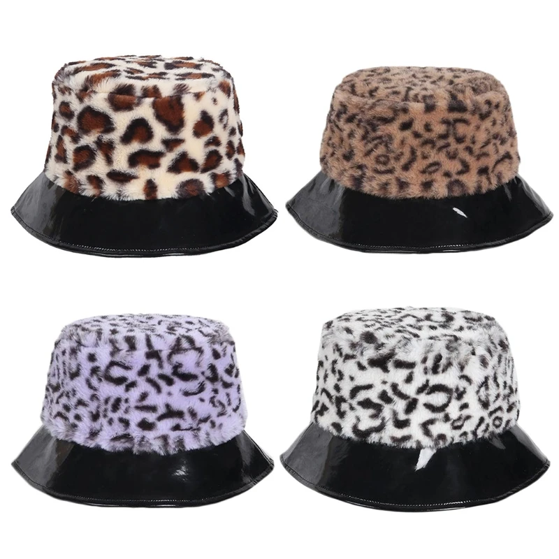 Women Winter Fuzzy Plush Leopard Bucket Hat Faux  Leather Short Brim Harajuku Outdoor Warm Panama Fisherman Cap