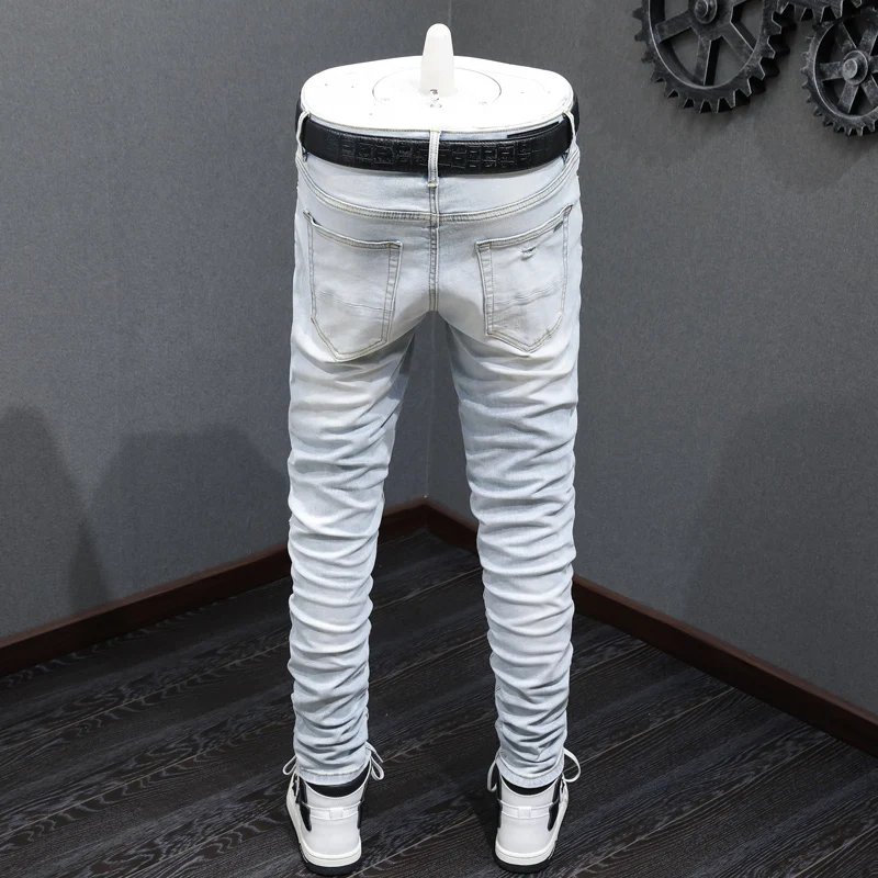 High Street Fashion Men Jeans Retro Light Blue Elastic Stretch Skinny Hole Ripped Jeans Men Patched Designer Hip Hop Brand Pants