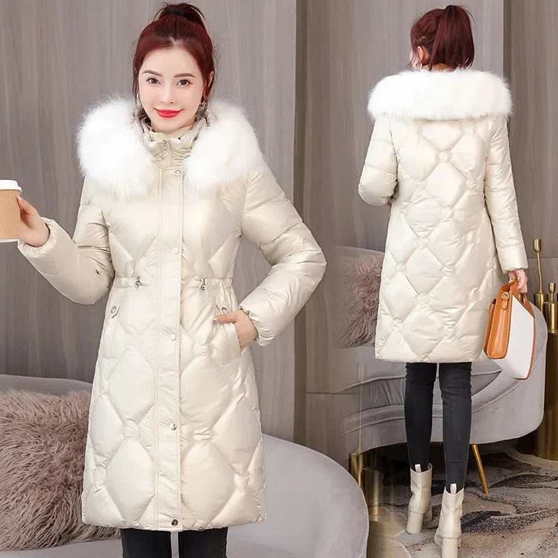 Parkas Women 2022 Winter New Large Size Hooded Fur Collar Long Padded Coat Female Casual Fashion Shiny Wash Free Cotton Jacket