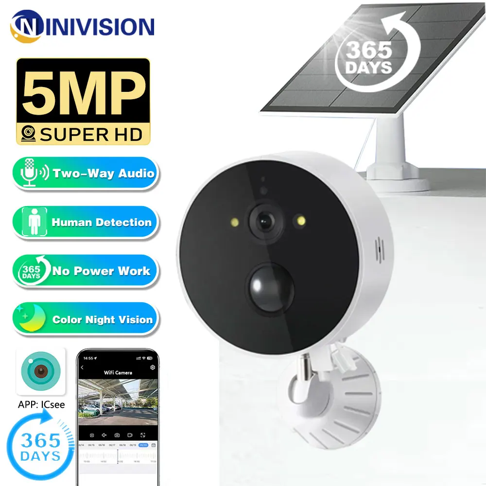 5MP Outdoor WiFi Camera 2-Way Audio PIR Detection Wireless Camera 6000mAh Rechargeable Battery Security Protection Smart Camera