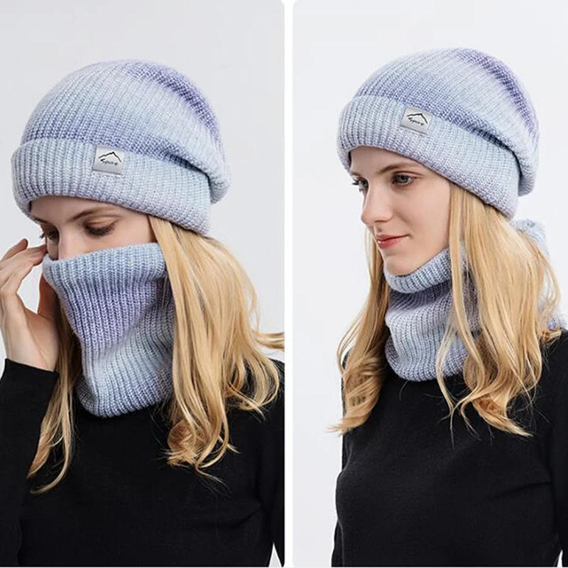 

women's Winter Gradient Color Knitted Hat Cap Two-piece Knitted Hat With Thickened Warm Ear Protection Scarf Cold Proof New