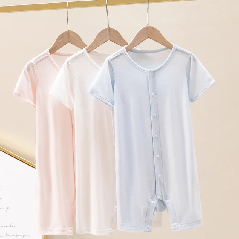 

Summer Newborn Baby Clothes Baby Boys and Girls Bamboo Fiber Short Sleeved One-piece Bodysuit Pajamas Air Conditioning Clothes