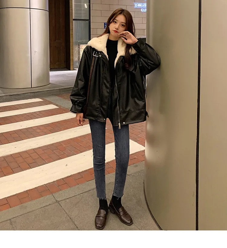 Winter Women's Thick Plush Loose Leather Coat, Fur Integrated Warm Leather Jacket In 2022  Winter Coat Women Korean Style