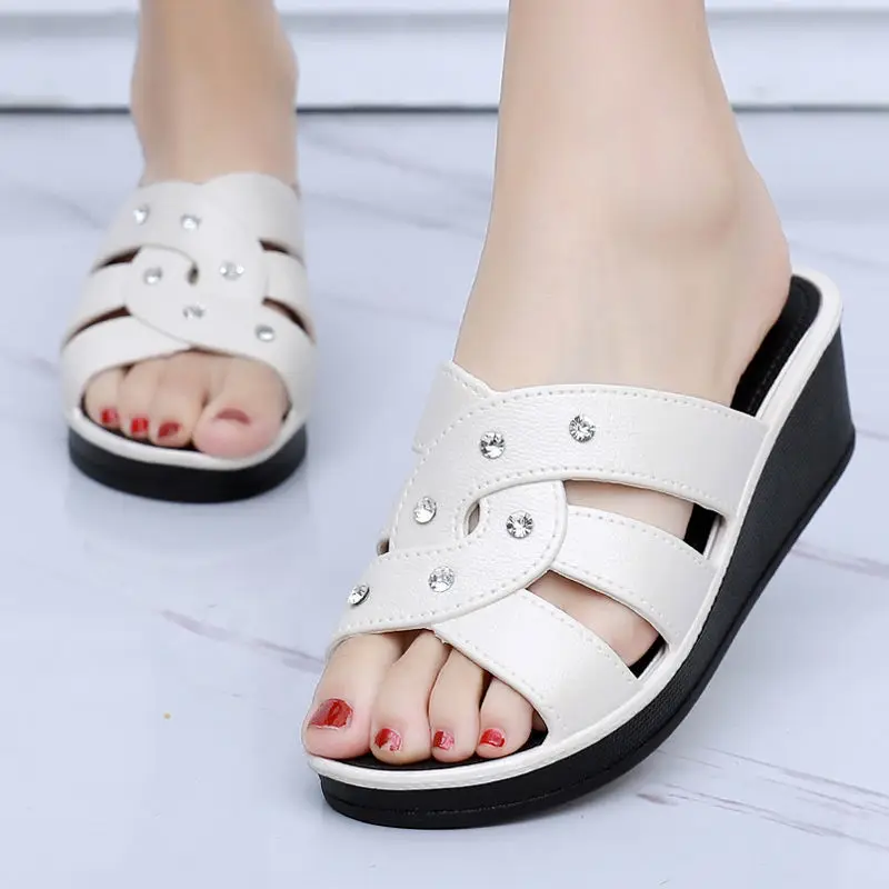 

Summer High Heel Slippers Women Outside Thick Soled Fashion Home Antiskid Slides Mother's Shoes Lady Soft Soled Wedge Sandals