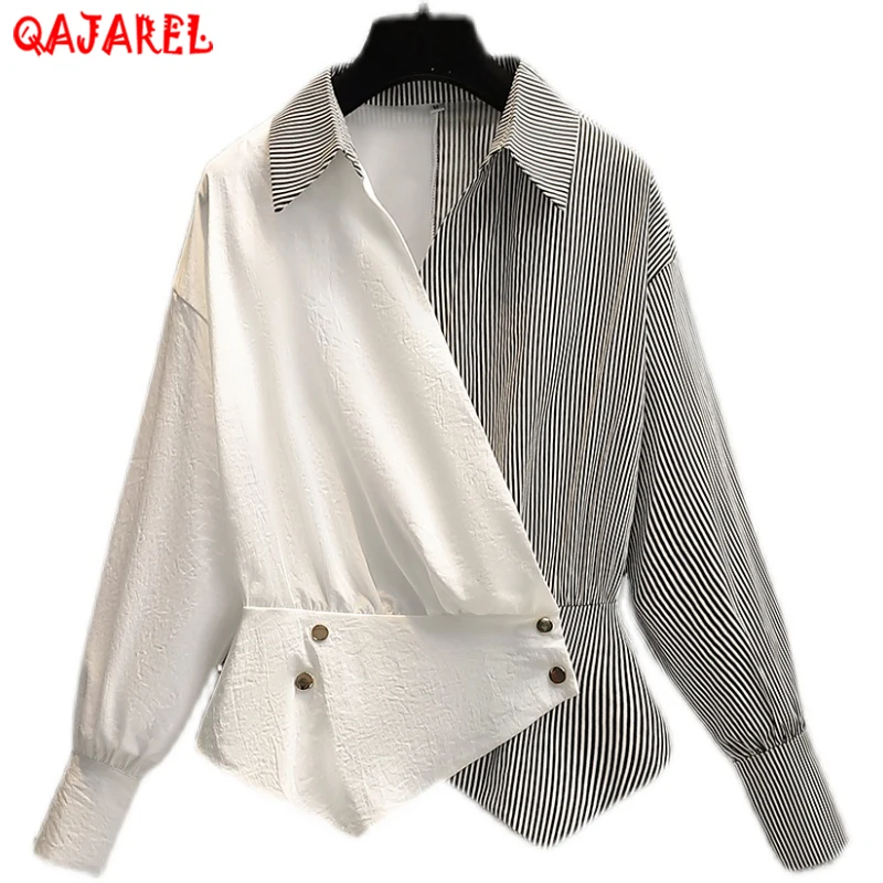 

Женская белая шифоновая рубашка-поло в полоску с воротником-поло