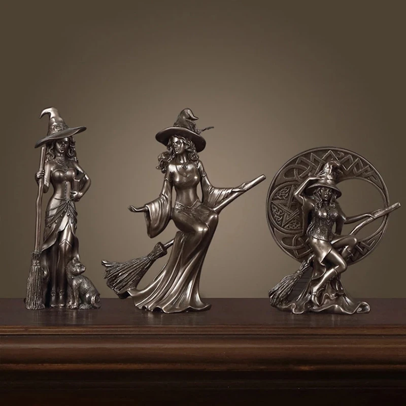 

Nordic Retro Plated Copper Minimalist Witch Magician Enchanter Statue Set Home Accessories Desk Fairy Garden Sculpture