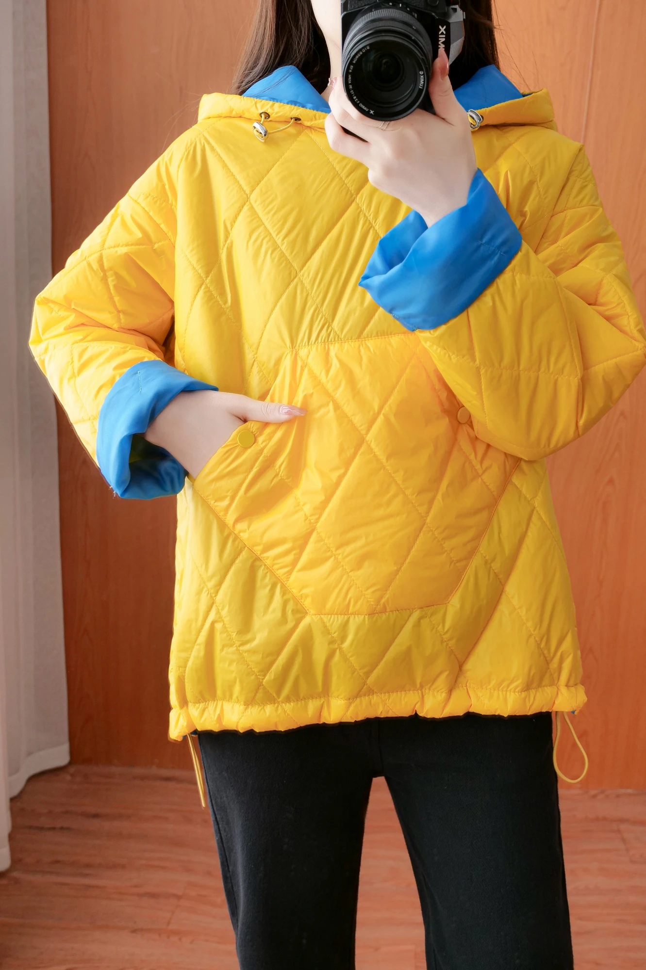 Plus Size Women's Winter Korean Style Casual Contrast Color Stitching Quilted Rhombus A Lightweight Hooded Down Jacket