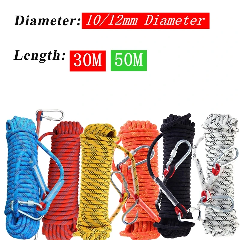 

10/12mm 30/50M Static Climbing Rope With Rock Carabiner High Strength Mountaineering Cord Outdoor Safety Gear Survival Equipment