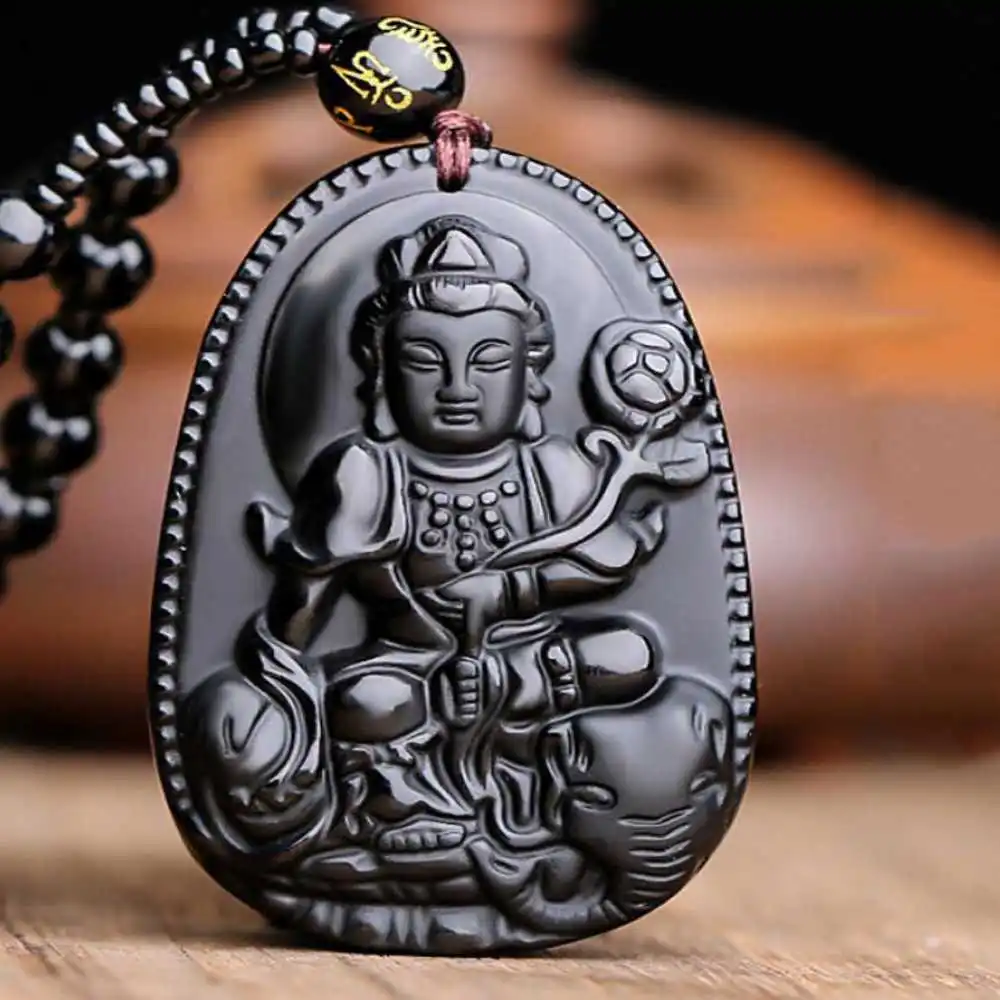 

Natural Obsidian Avalokitesvara Lucky Amulet Pendant New Beads Clavicle Amulet Keychain Tibetan Steel Pendants Reiki Choker