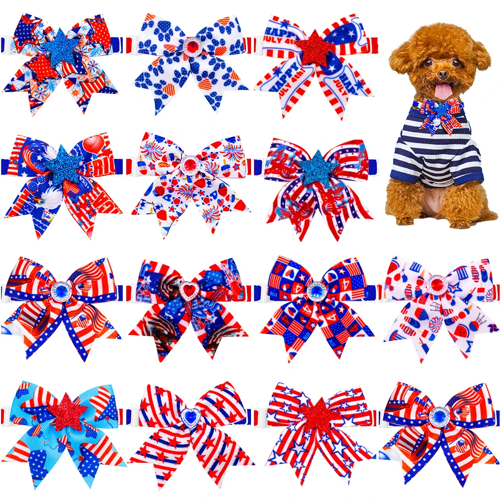 

30pcs American Independence Day Dog Supplies Pet Dog Bow Tie Collar DogGrooming Products Small Dogs Cat Bowties for 4th July