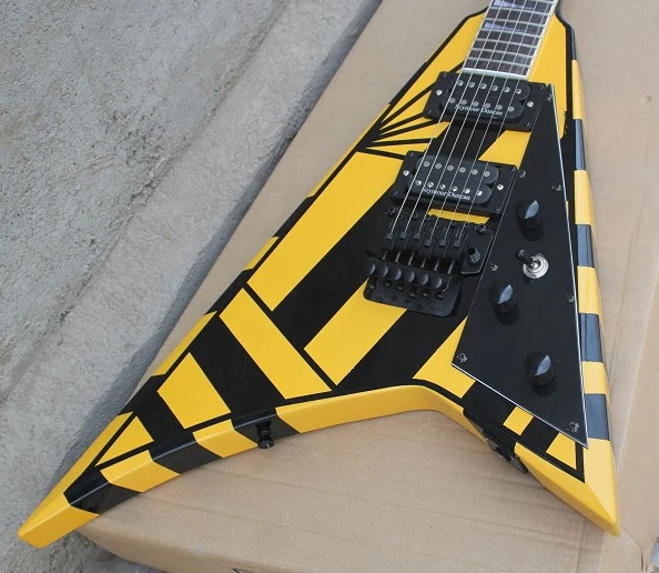 

Michael Sweet Jack Son Flying V Stryper Signature Black Yellow Stripe Electric Guitar Floyd Rose Tremolo, Black Schaller Tuners