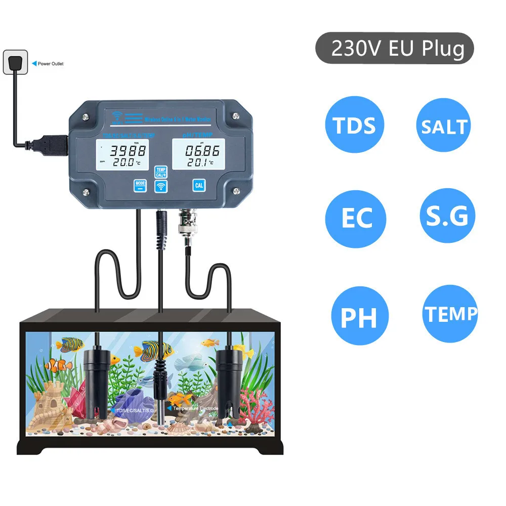 

Многофункциональный Цифровой Анализатор Качества Воды 6-в-1 С Wi-Fi: pH, EC, TDS, Соленость, Удельный Вес