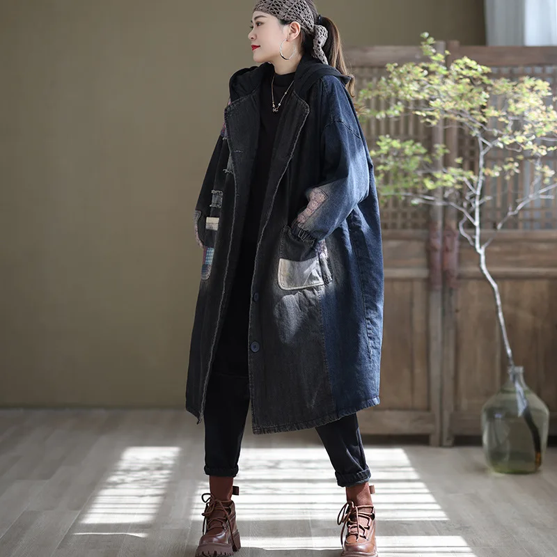 

SuperAen Cotton Padded Clothes for Women Autumn and Winter New Hooded Long Style Thickened Loose Oversized Women's Denim Coat