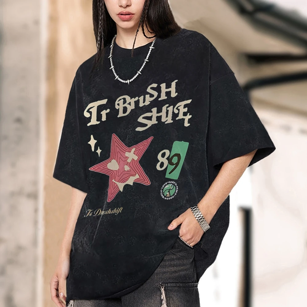 IF BRUSH SHIT Винтажная потертая футболка унисекс с красной звездой и зелеными