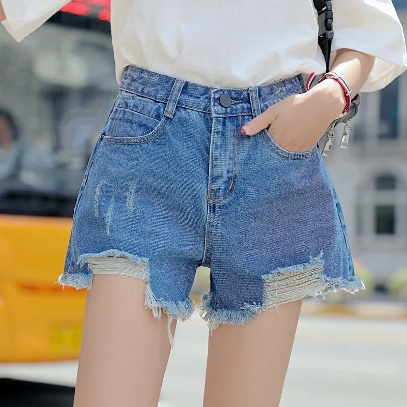

High Street High Waist All-match Washed Ripped Holes Burr Fringed Cuffs Summer Denim Shorts Ladies Casual Ripped Short Jeans