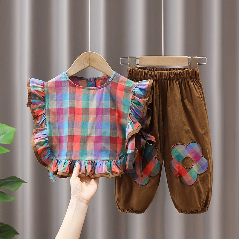 

Summer toddler child girls' cloth outfits sets pleated plaid shirt+pants suits for kids girls' clothes 1-6T baby birthday sets