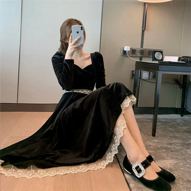 

Autumn Winter Women's Black Dress French Vintage Lace Splice Velvet Dress for Women Formal Elegant Fashion Midi Evening Dress