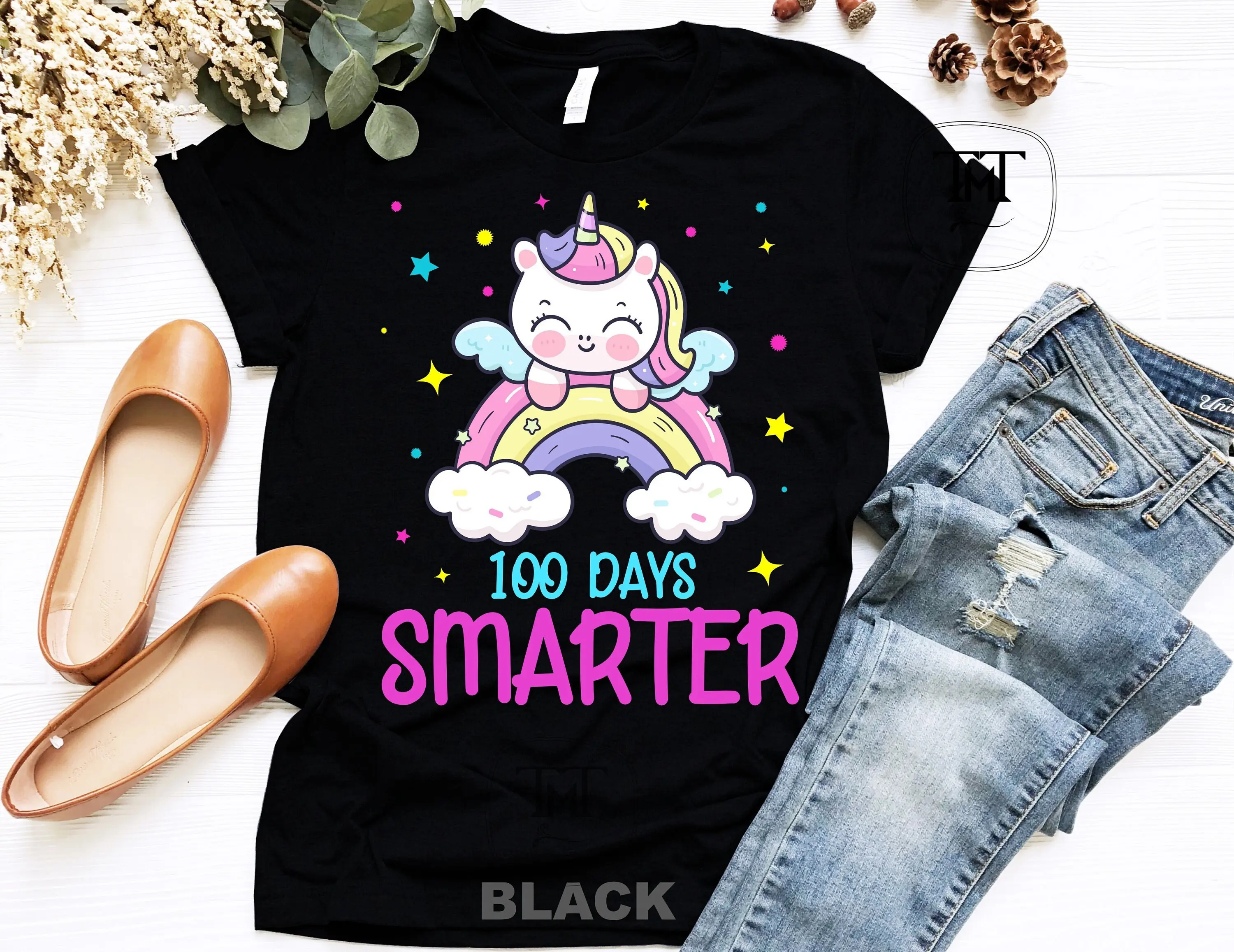 Футболка 100 дней школы с умным единорогом для девочек детская надпись